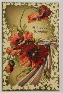 Birthday Greeting Embossed Poppies and Ribbon 1908 York Springs Pa Postcard R9