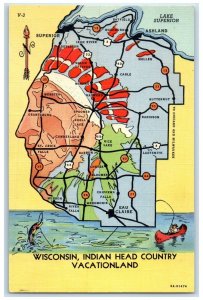 c1940 Indian Head Country Vacationland Route Map Wisconsin WI Unposted Postcard