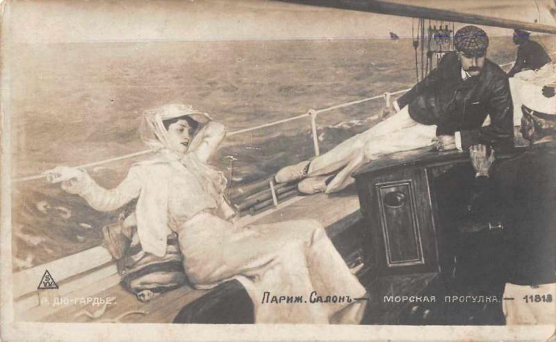 Sailing Scene Woman and Man on Boat Real Photo Antique Postcard J73293