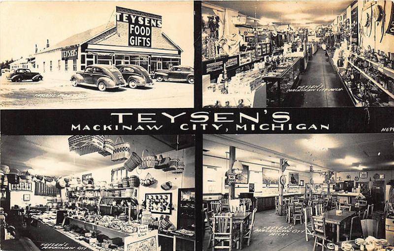 Mackinaw City MI Teyson's Food Gifts Multiview MI Old Cars RPPC Postcard 