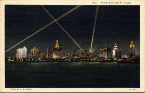 Miami Skyline Night Florida FL City VTG Postcard Linen PM Cancel WOB 1c Stamp 