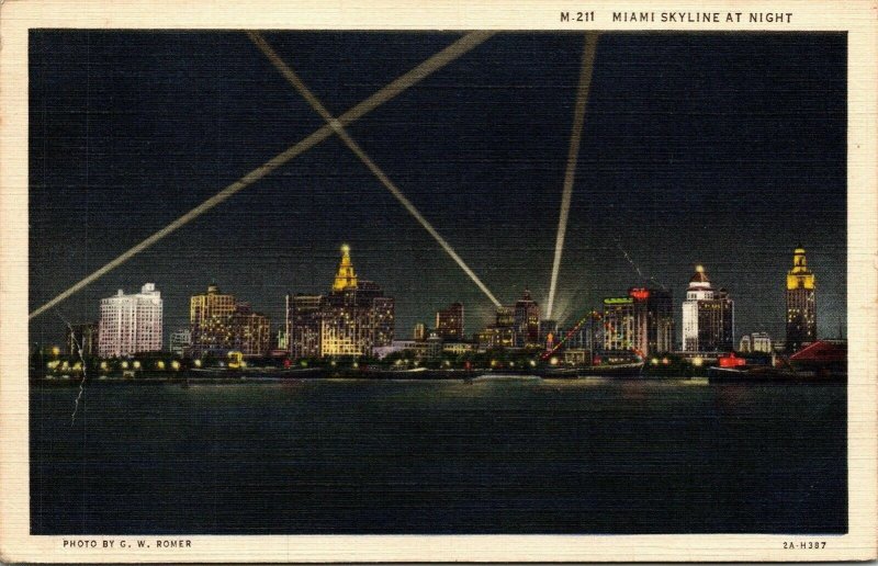 Miami Skyline Night Florida FL City VTG Postcard Linen PM Cancel WOB 1c Stamp 