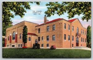 Janesville Wisconsin~Armory From Grounds~EC Kropp Vintage Linen Postcard
