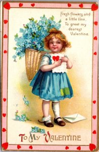 Valentine's Day Little Girl Blue Dress Carrying Basket of Forget-Me-Not Flowers