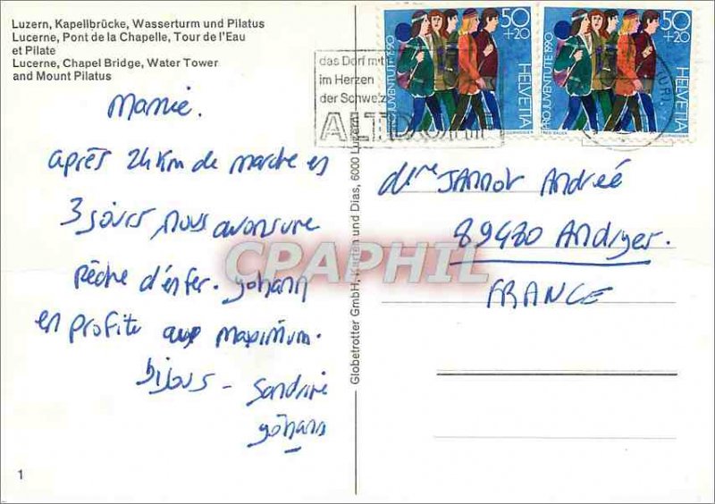 Postcard Modern Lucerne Chapel Bridge Tower of water and Pilate