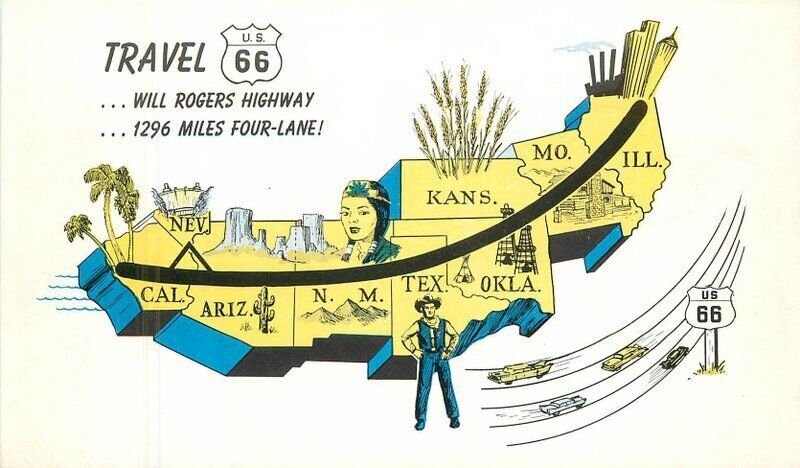 Oklahoma Clinton Route 66 map attractions 1950s Russell Postcard 22-9907