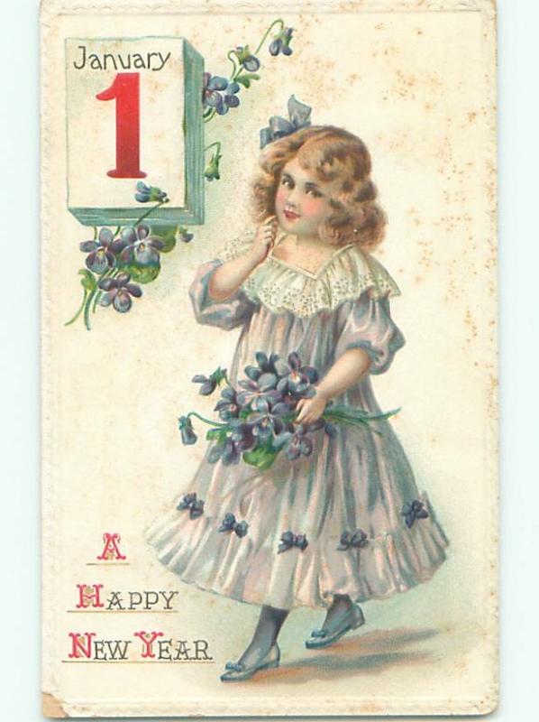 Pre-Linen New Year CUTE GIRL WITH CALENDAR AND FLOWERS AB2654