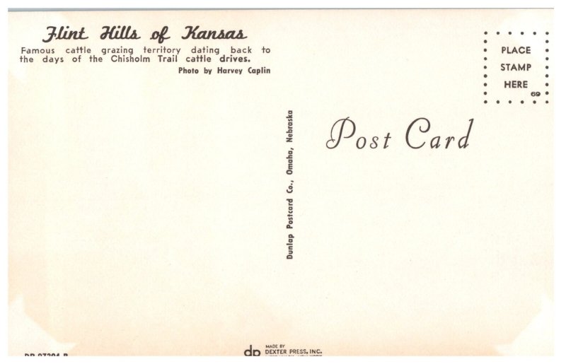 Vintage Flint Hills of Kansas Postcard Cattle Grazing Chisholm Trail