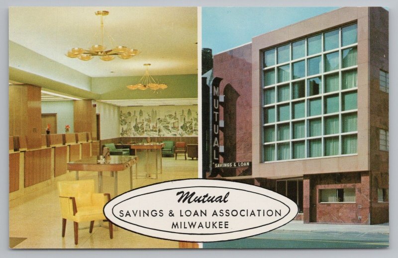 Milwaukee WI~Mutual Savings & Loan Association Bldg & Lobby~Vintage Postcard 