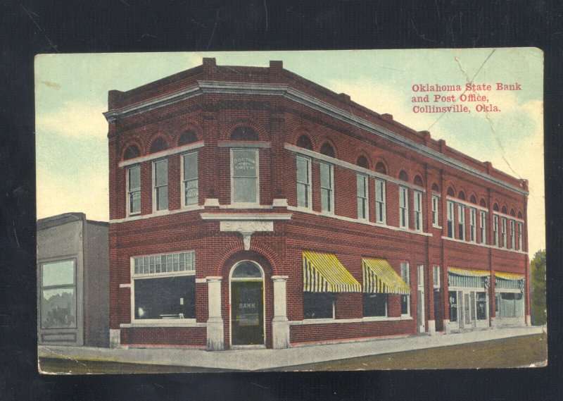 COLLINSVILLE OKLAHOMA STATE BANK DOWNTOWN POST OFFICE VINTAGE POSTCARD