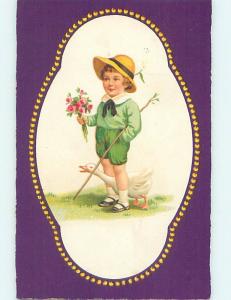 Pre-Linen foreign GOOSE BIRD BETWEEN BOYS LEGS AS HE HOLDS FLOWERS J5368