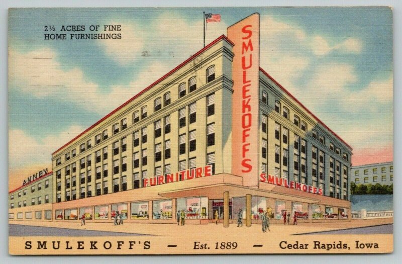 Cedar Rapids Iowa~Smulekoff's Home Furnishings Store~Art Deco~1954 Linen Adv PC