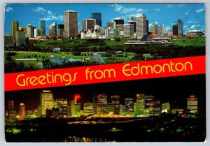 Day & Night Views From North Saskatchewan River, 1985 Edmonton Alberta Postcard