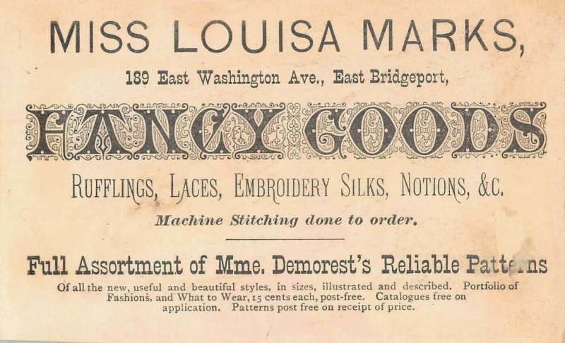 Mme. Demorest's Reliable Patterns, 19th Century Trade Card, Size: 72 x 120 mm