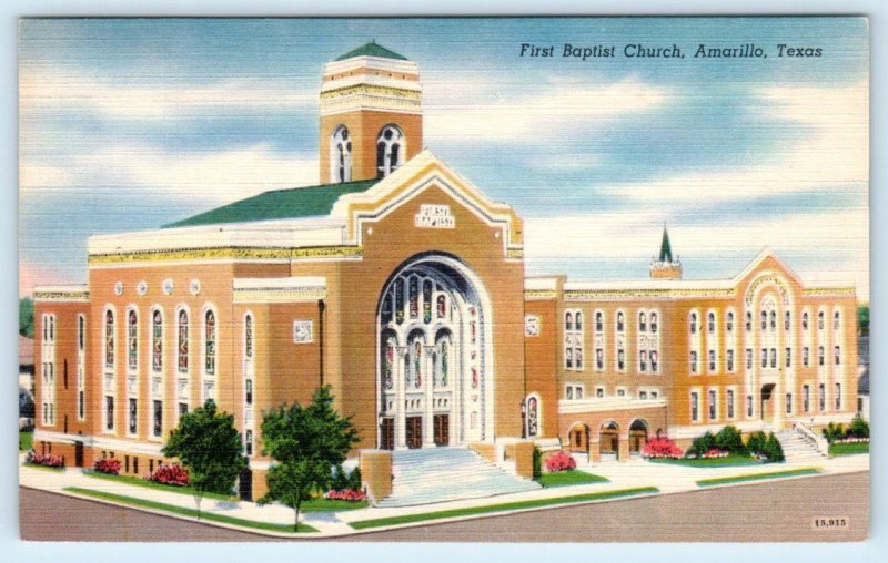 AMARILLO, TX Texas ~ FIRST BAPTIST CHURCH c1940s Linen  Postcard
