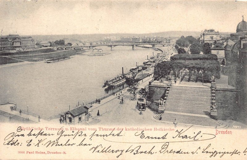 Germany 1902 Dresden Terrasse Elbquai From Tower Steamboats Port postcard