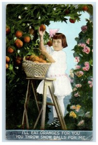 c1910's Girl Harvesting Orange In Basket Flowers Citrus Antique Postcard