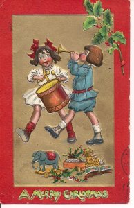 Merry Christmas, Children w Drum, Bugle, Toys, Tuck 1910, Embossed, Girl, Boy