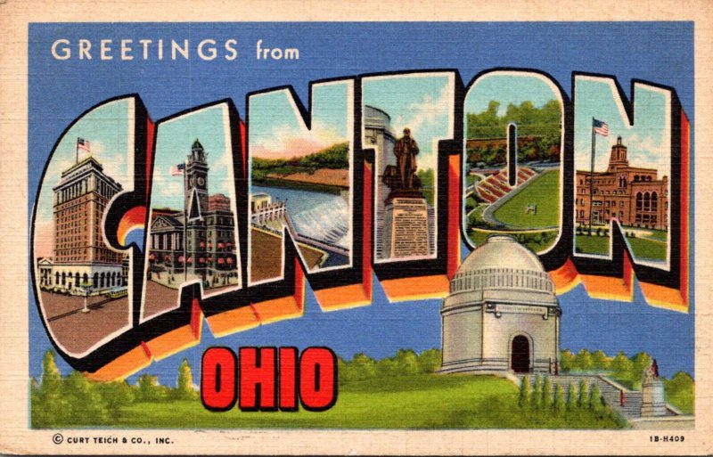 Ohio Greetings From Canton Large Letter Linen 1948 Curteich