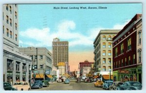 AURORA, Illinois IL ~ MAIN STREET Scene looking West 1953 Linen Postcard