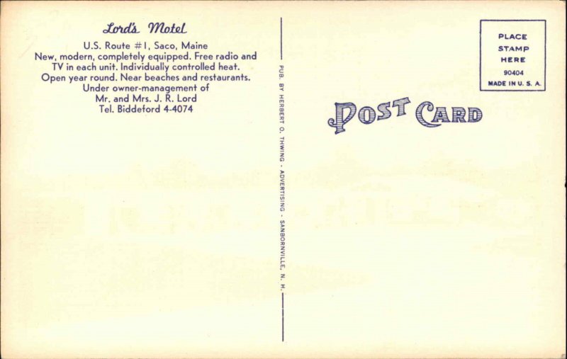 Saco Maine ME Lords Motel c1940s-50s Linen Postcard