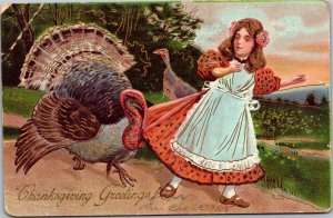 Postcard Thanksgiving  Turkey grabbing girls dress