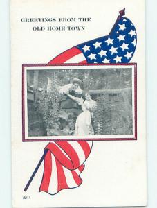 Pre-Linen patriotic LARGE USA FLAG WITH ROMANTIC COUPLE AT THE WALL HJ2907