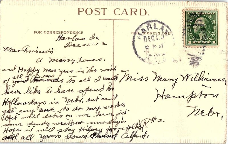 c1910 MERRY XMAS HAPPY NEW YEAR HARLAN IOWA HEAVILY EMBOSSED POSTCARD 39-245