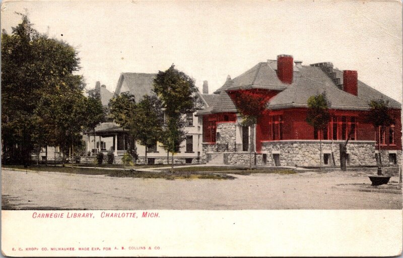 Postcard Carnegie Library in Charlotte, Michigan