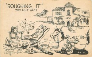 Postcard 1940a Outwest cowboy Rouging it Cabot colt comic humor 23-5460