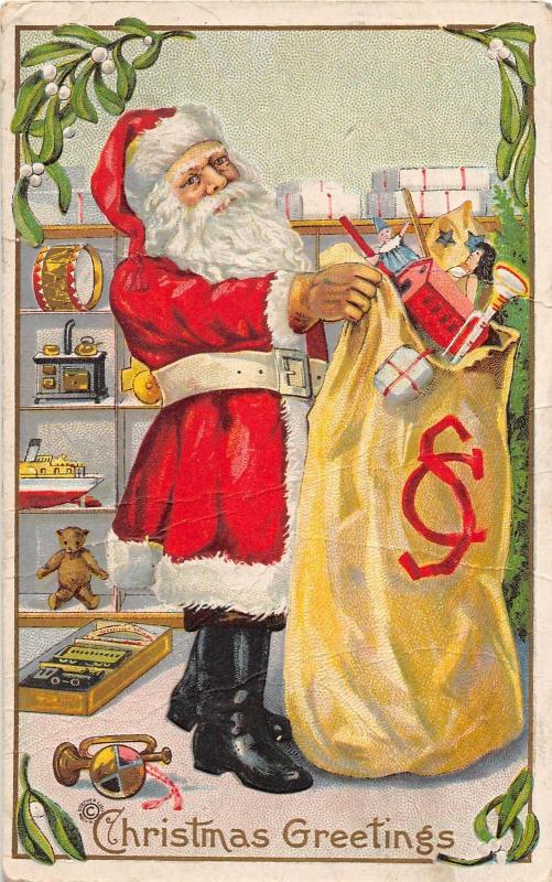 E34/ Santa Claus Merry Christmas Holiday Postcard 227F Toy Sack Initials 17