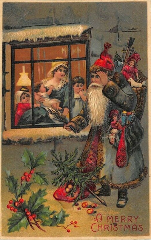 Blue Suited Santa Claus Peeked Into Window Merry Christmas Embossed Postcard