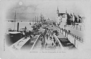 Antwerp Belgium birds eye view pier boats people at night antique pc Z13517