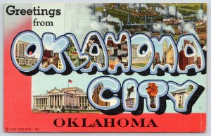 Oklahoma City OK~Large Letter Linen Postcard~Downtown~Burning Oil Well~1950