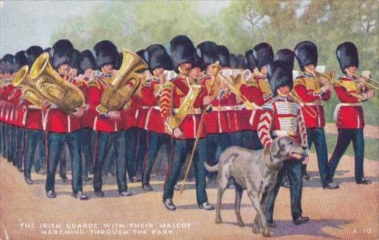 Musical Band The Irish Guards With Their Mascot Marching Through The Park