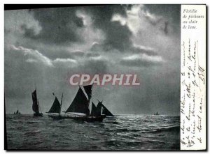 Old Postcard Fishing Boat Flotilla fishermen by moonlight