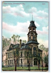 c1950 Court House Clock Tower Building Entrance Dirt Road Jefferson WI Postcard 