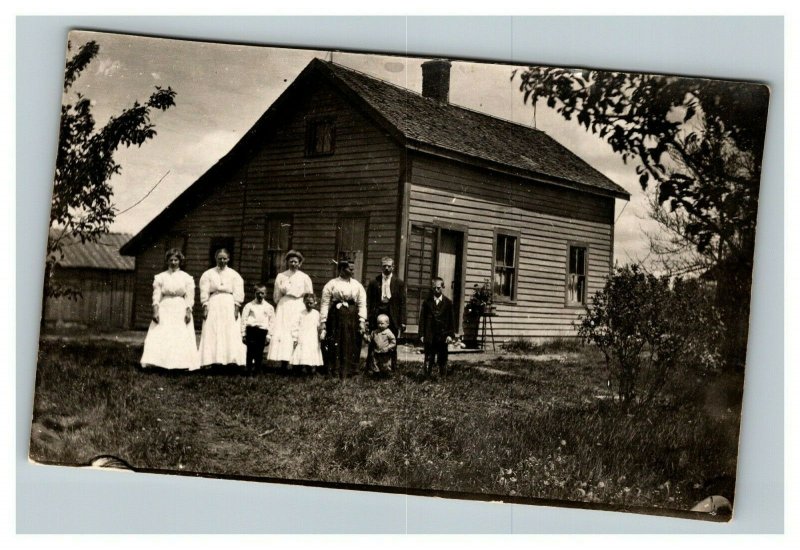 Vintage 1910's RPPC Postcard - Family Portrait in Front of Country Home - NICE