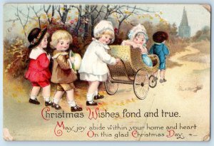 1919 Christmas Children Pulling Cart Stroller Ellen Clapsaddle Signed Postcard