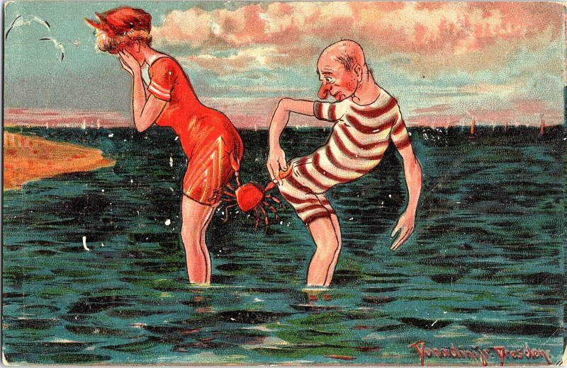 Woman Man Swimsuits Crab Pinching Butts Vintage Dresden Standard View Postcard 