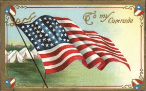 To My Comrade Patriotic Flag Shields Tents Gilt Embossed 1900s-20s Vintage PC