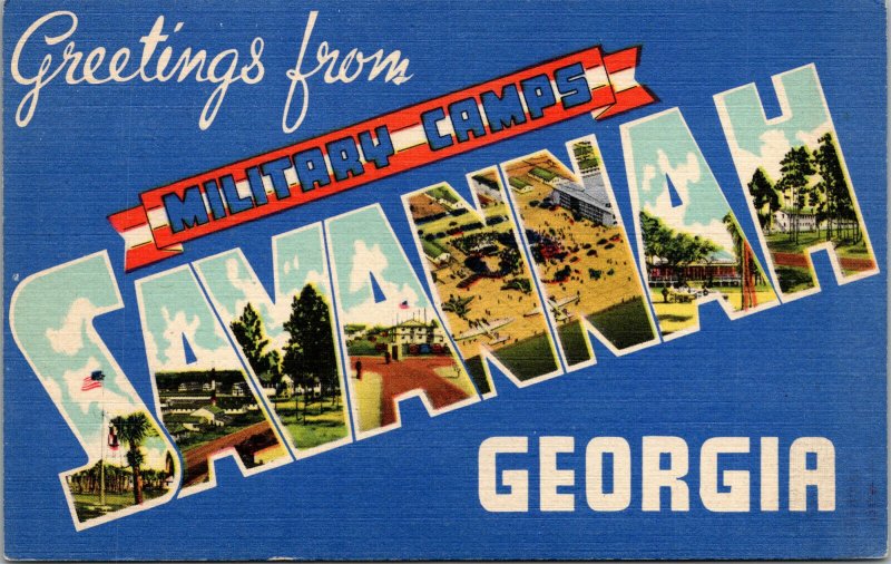 Vtg 1940 Large Letter Greetings Savannah Georgia GA Military Camp Linen Postcard