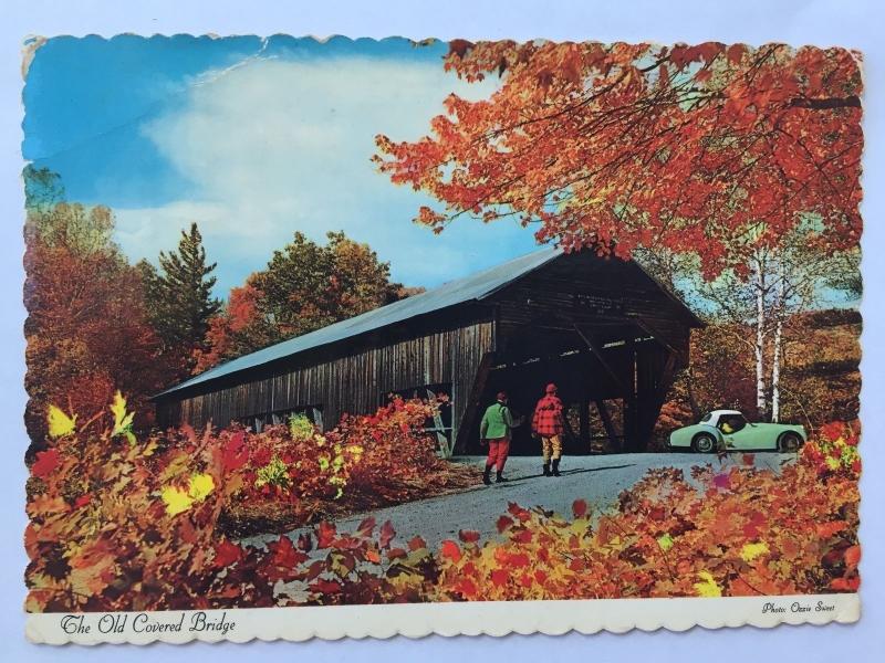 The Old Covered Bridge Fall Leaves Autumn 1960s TR3 classic car Postcard A37