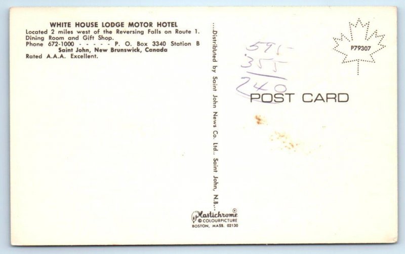 ST. JOHN, New Brunswick Canada ~ Roadside WHITE HOUSE LODGE  c1960s Postcard