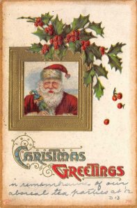 CHRISTMAS GREETINGS Santa Claus, Holly Leaves 1911 Vintage Postcard