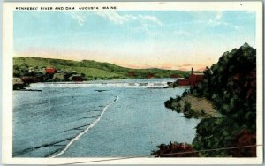 Kennebec River and Dam Augusta White Border Maine Postcard