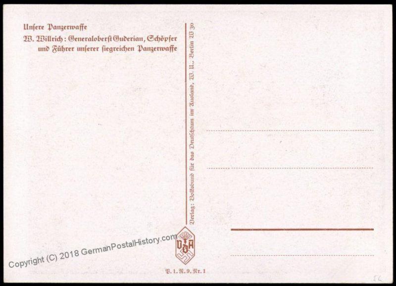 3rd Reich Germany Willrich Generaloberst Guderian VDA Propaganda Card 68069