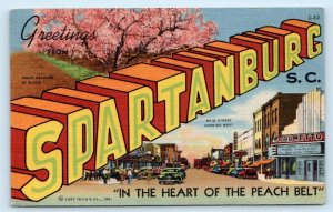SPARTANBURG, SC South Carolina ~ Large Letter Linen Peach Belt 1951 Postcard