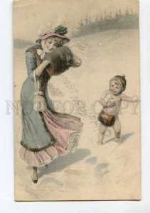 3041170 Lady & NUDE CUPID play in Snowballs Vintage TSN RPPC