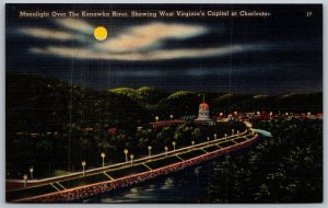 Vtg Charleston West Virginia WV Moonlight Over Kanawha River & Capitol Postcard